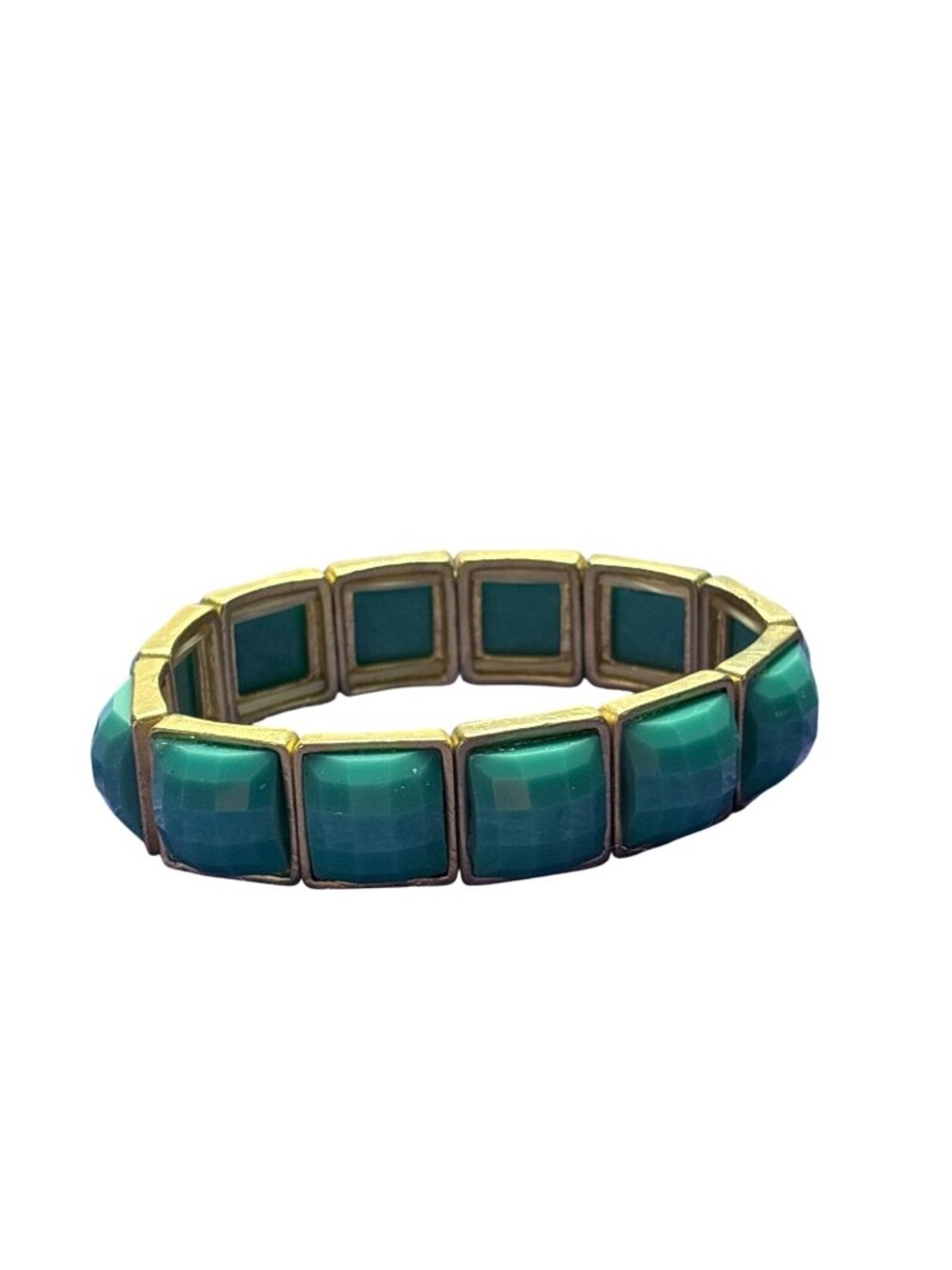 Goldtone Stretch Bracelet With Faceted Green Square Stones 6.25 inch Unstretched